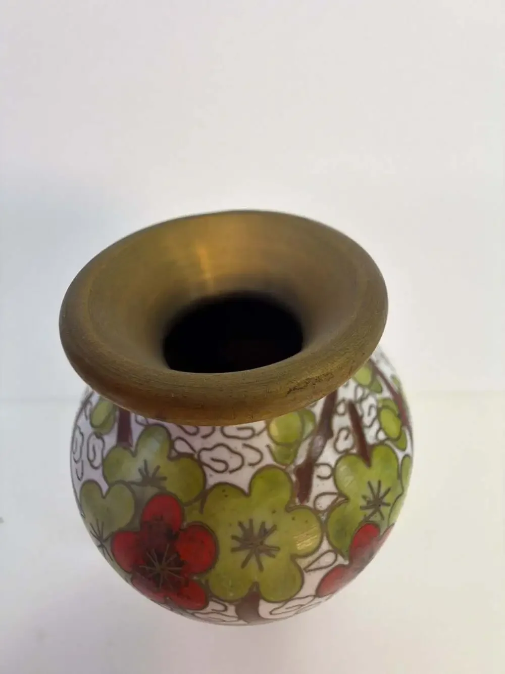 Vintage‎ Chinese Cloisonné Enamel Floral Vase with Wooden Stand